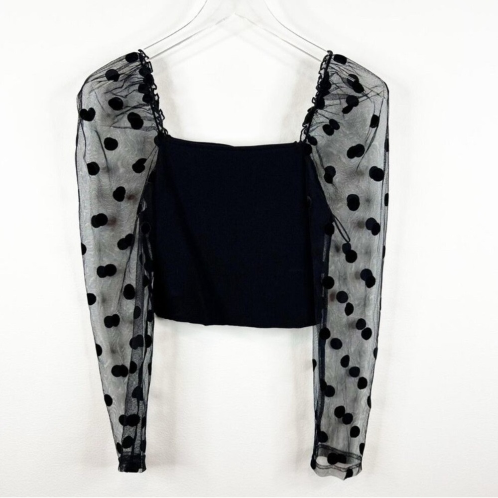 ZARA Polka Dot Sleeve Ribbed Knit Crop Top L Black